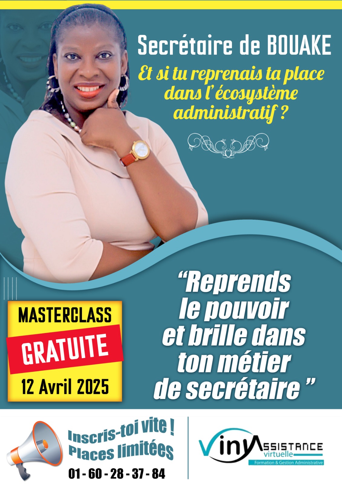 Gisèle Amoakon, fondatrice de Viny Assistance Virtuelle, organise une masterclass gratuite le 12 avril 2025.
