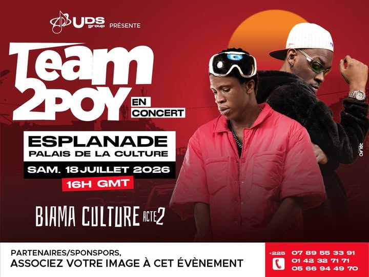 TEAM2POY en concert à Abidjan le 18 juillet 2026 au Palais de la Culture