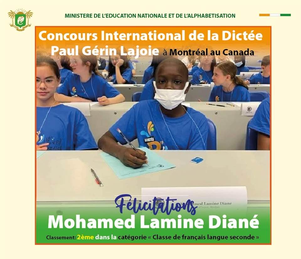 [Concours international de la dictée] Classé 2è dans sa catégorie, l’Ivoirien Mohamed Lamine Diané reçoit les félicitations du gouvernement