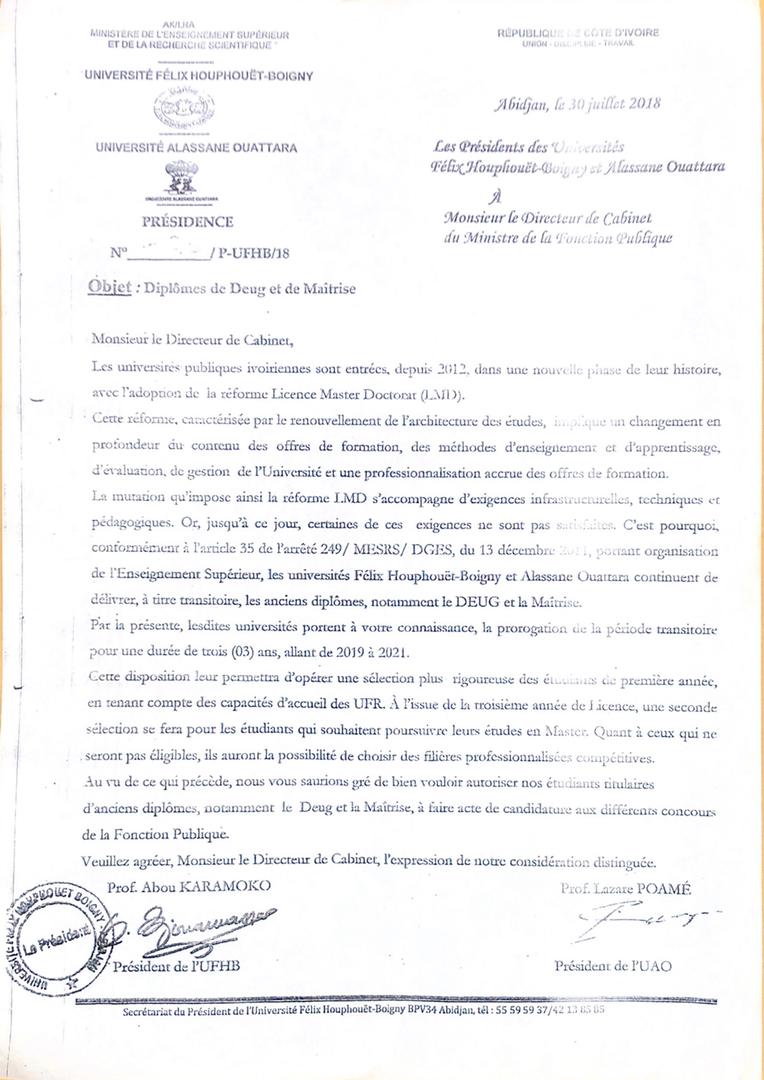 Le courrier du 30 juillet 2018, des Professeurs Abou Karamoko de l'Université Félix Houphouët-Boigny (UFHB) de Cocody et Lazare Poamé de l'Université Alassane Ouattara (UAO).