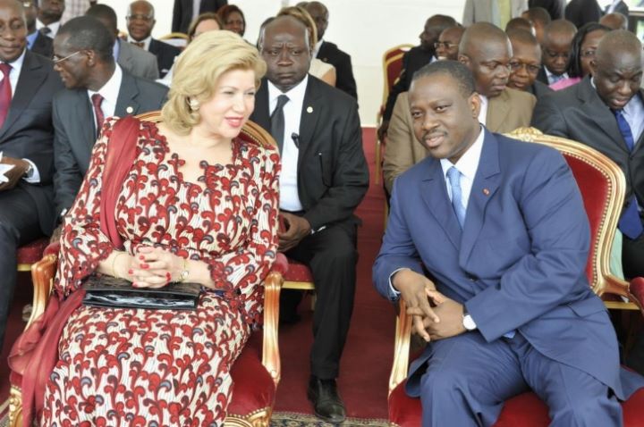 Mme Dominique Ouattara et le Premier ministre Guillaume Soro, lors de la pose de la première pierre de l`Hôpital Saint Jean-Baptiste de Tiassalé en 2012. Ph.Dr.